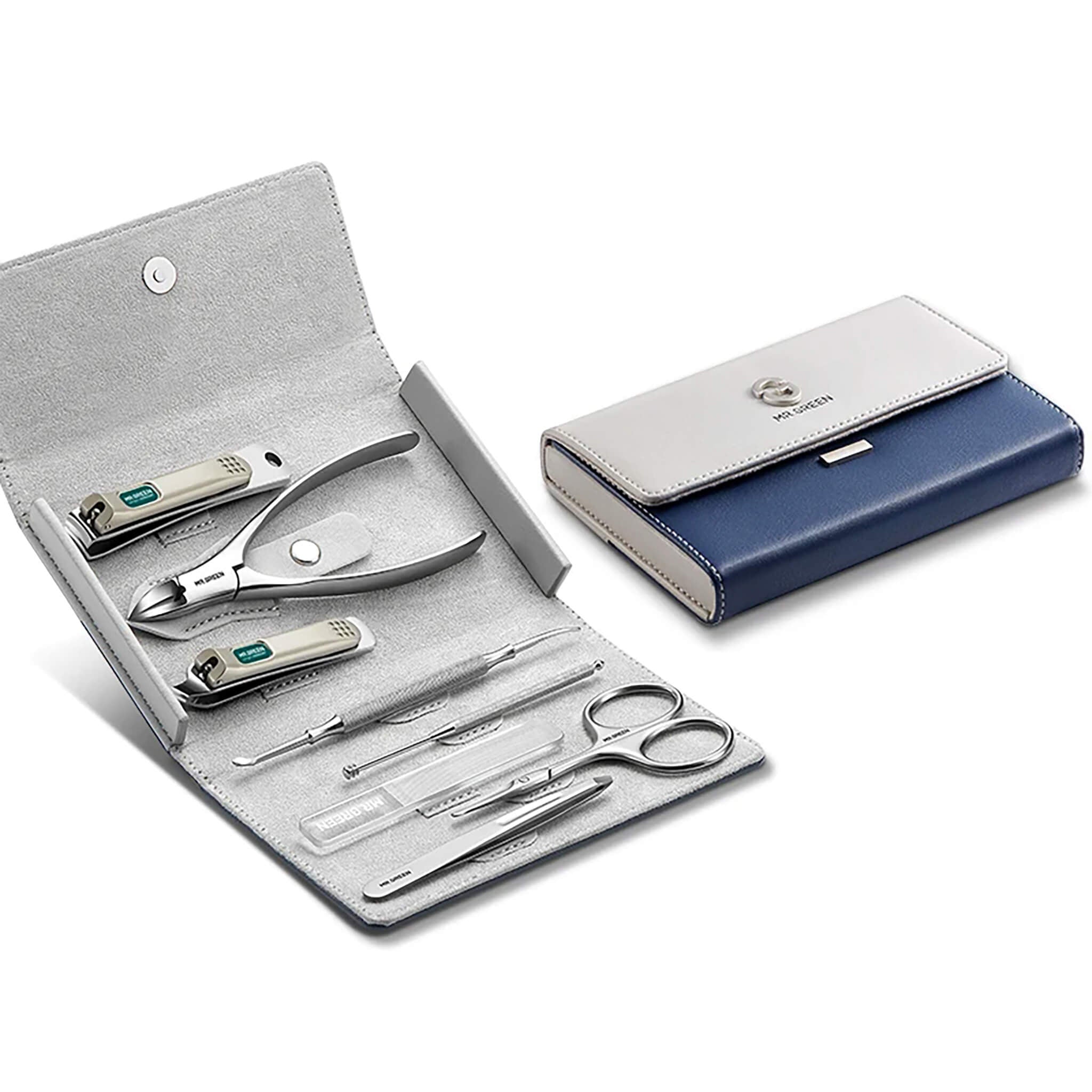 MR.GREEN MR-6658 8-in-1 manicure set—open wallet case with stainless clippers, nipper, scissors, tweezers, pushers and glass file