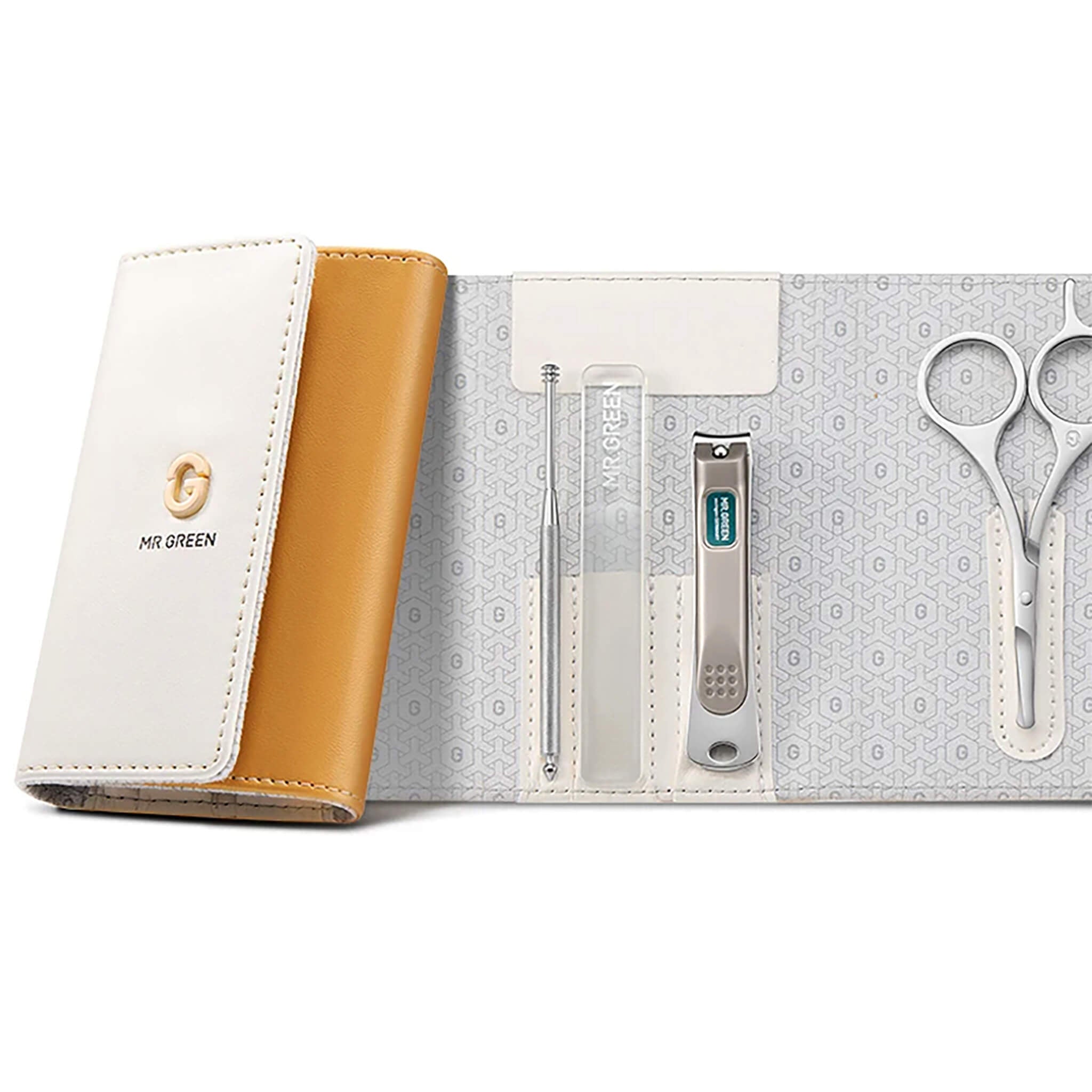 MR.GREEN MR-6682 estuche blanco/mostaza con cureta, pinza, lima de nano vidrio, cortaúñas y tijeras faciales; kit compacto de viaje.