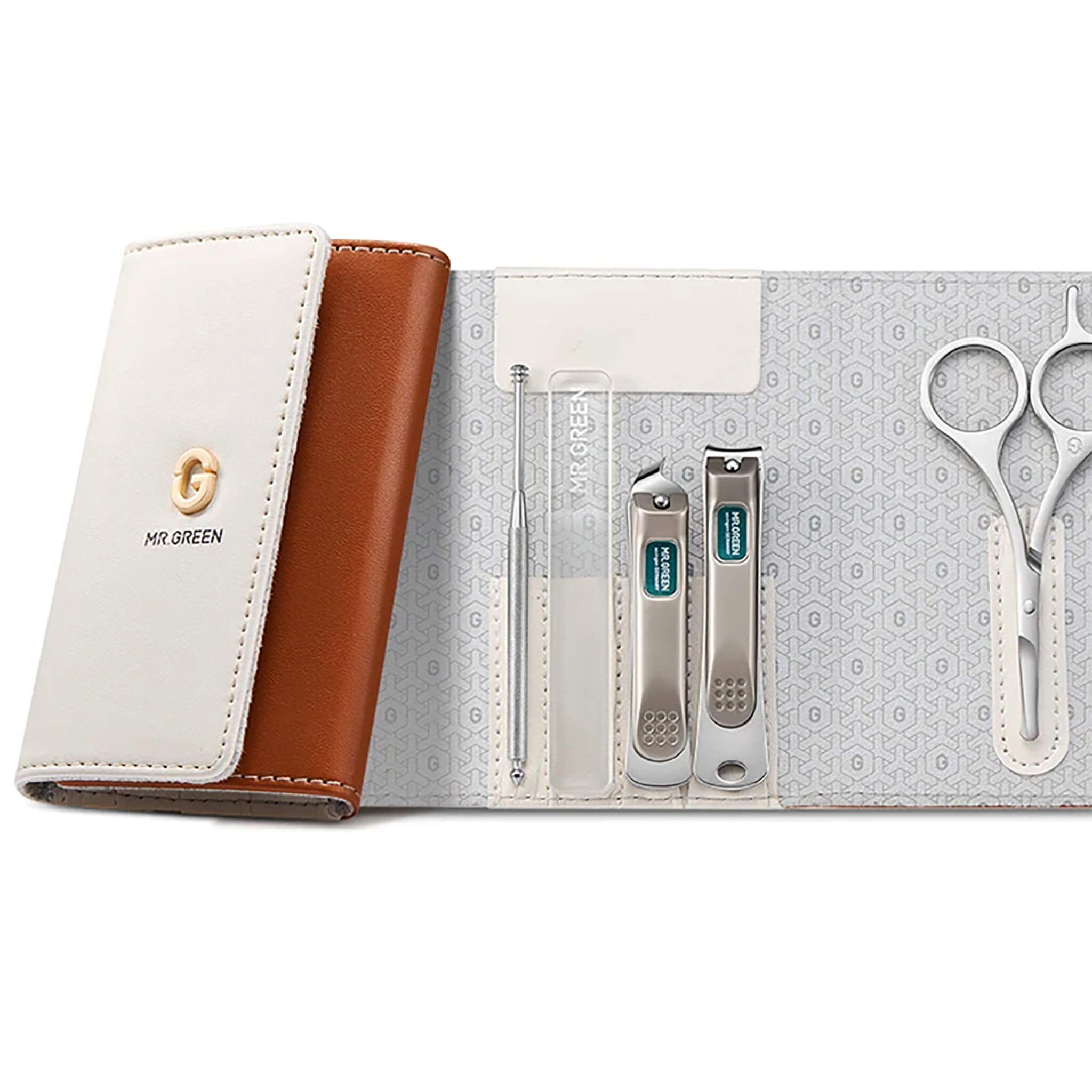 MR.GREEN MR-6685 étui blanc/caramel avec cure-oreille, lime nano-verre, coupe-ongles oblique et classique, ciseaux; kit compact.