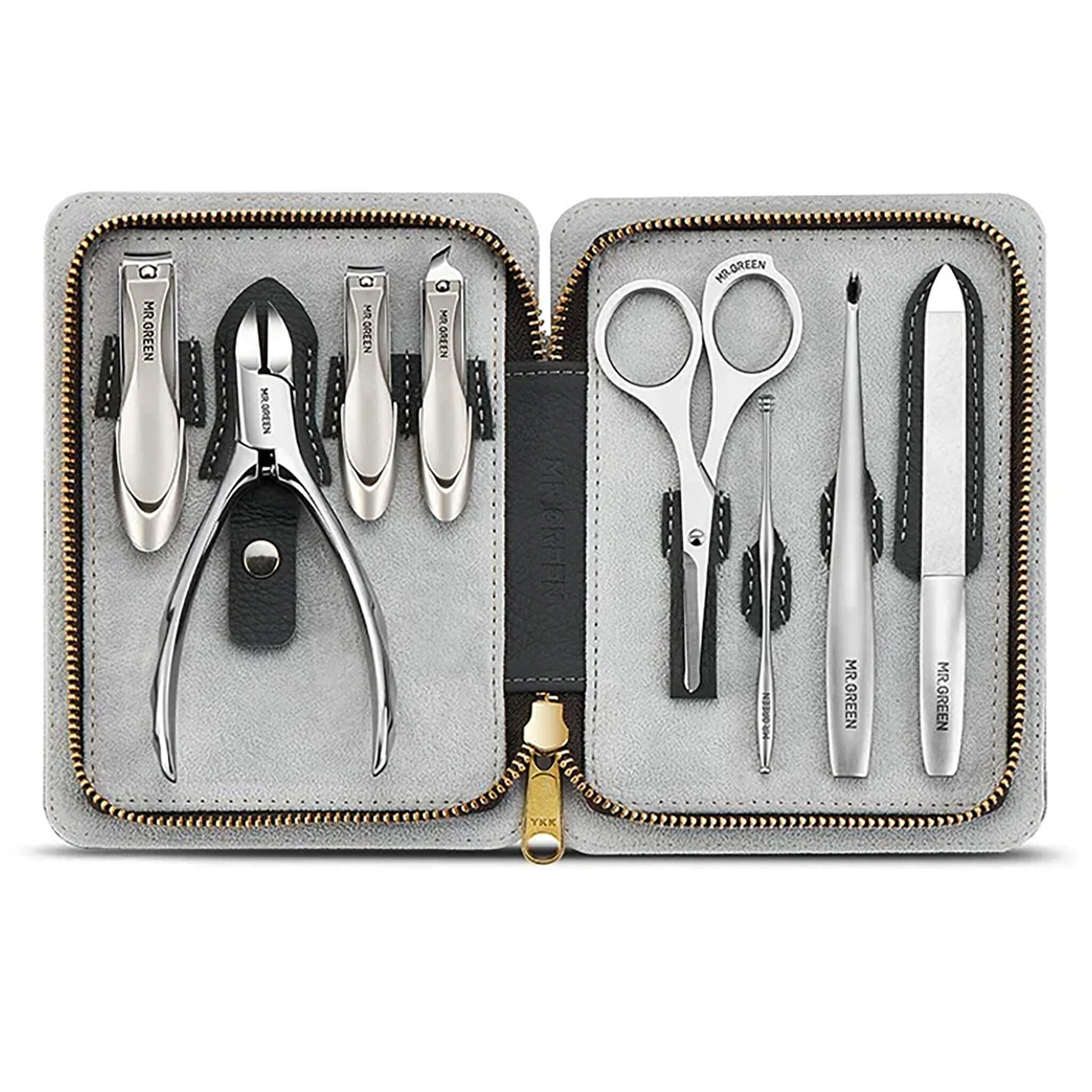 MR.GREEN MR-8018 Morandi Grey leather case open with stainless clippers, toenail nipper, tweezers, scissors, V-cut trimmer and glass file.