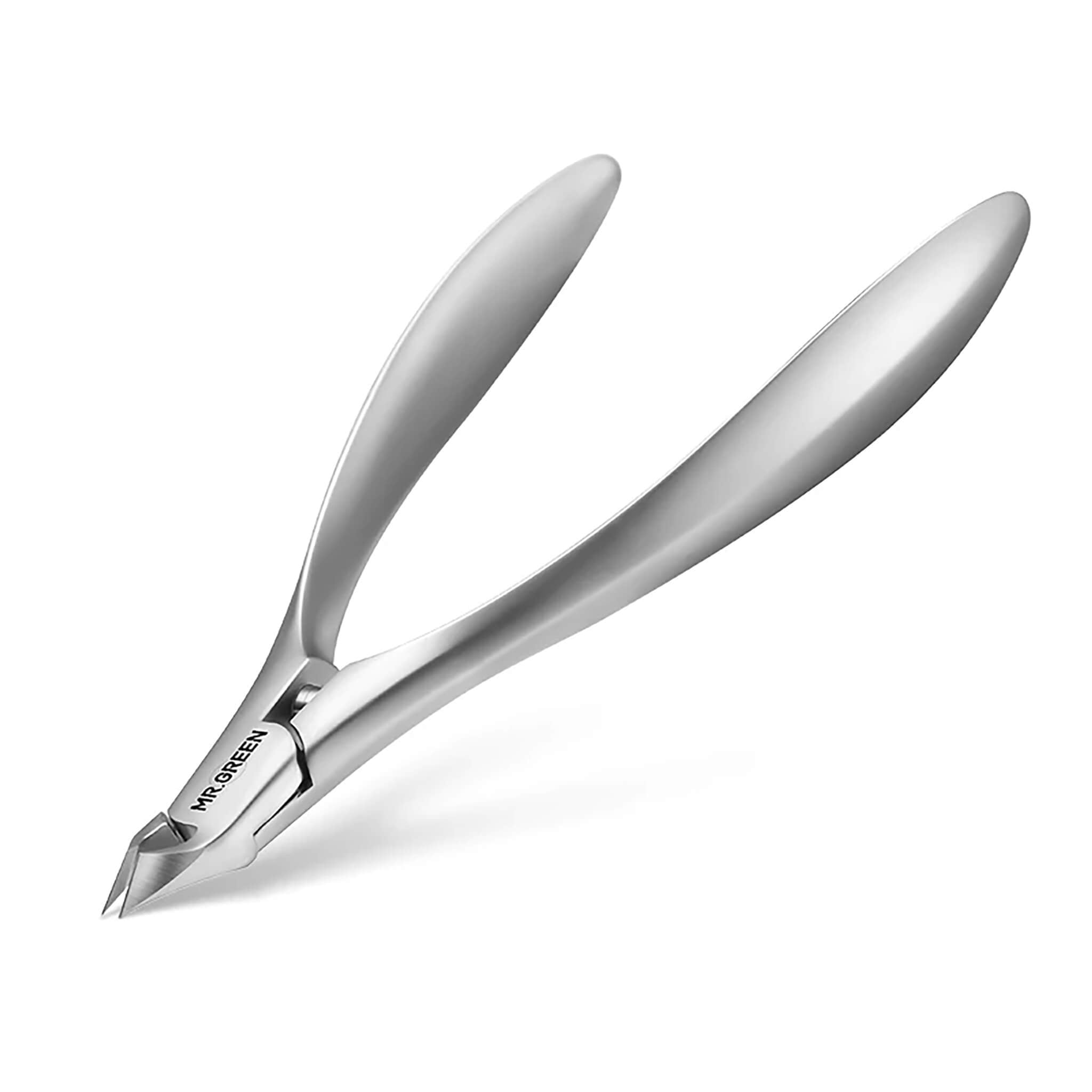 MR.GREEN MR-9903 stainless steel cuticle nippers, 5mm slant blade and integrated spring; ergonomic curved handles, white packshot.