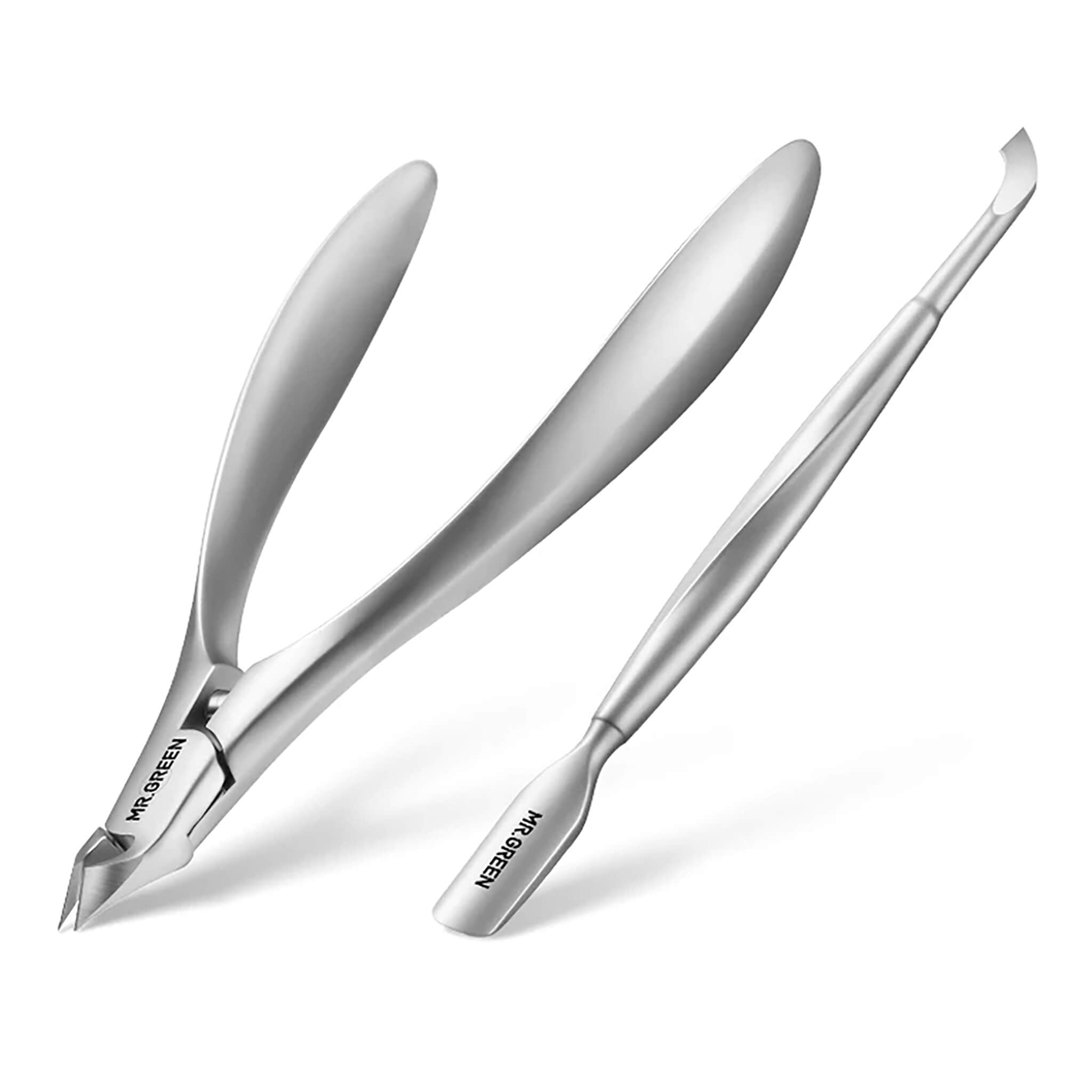 MR.GREEN MR-9903Plus set — stainless cuticle nippers with 5mm slant blade and integrated spring, plus matching cuticle pusher.