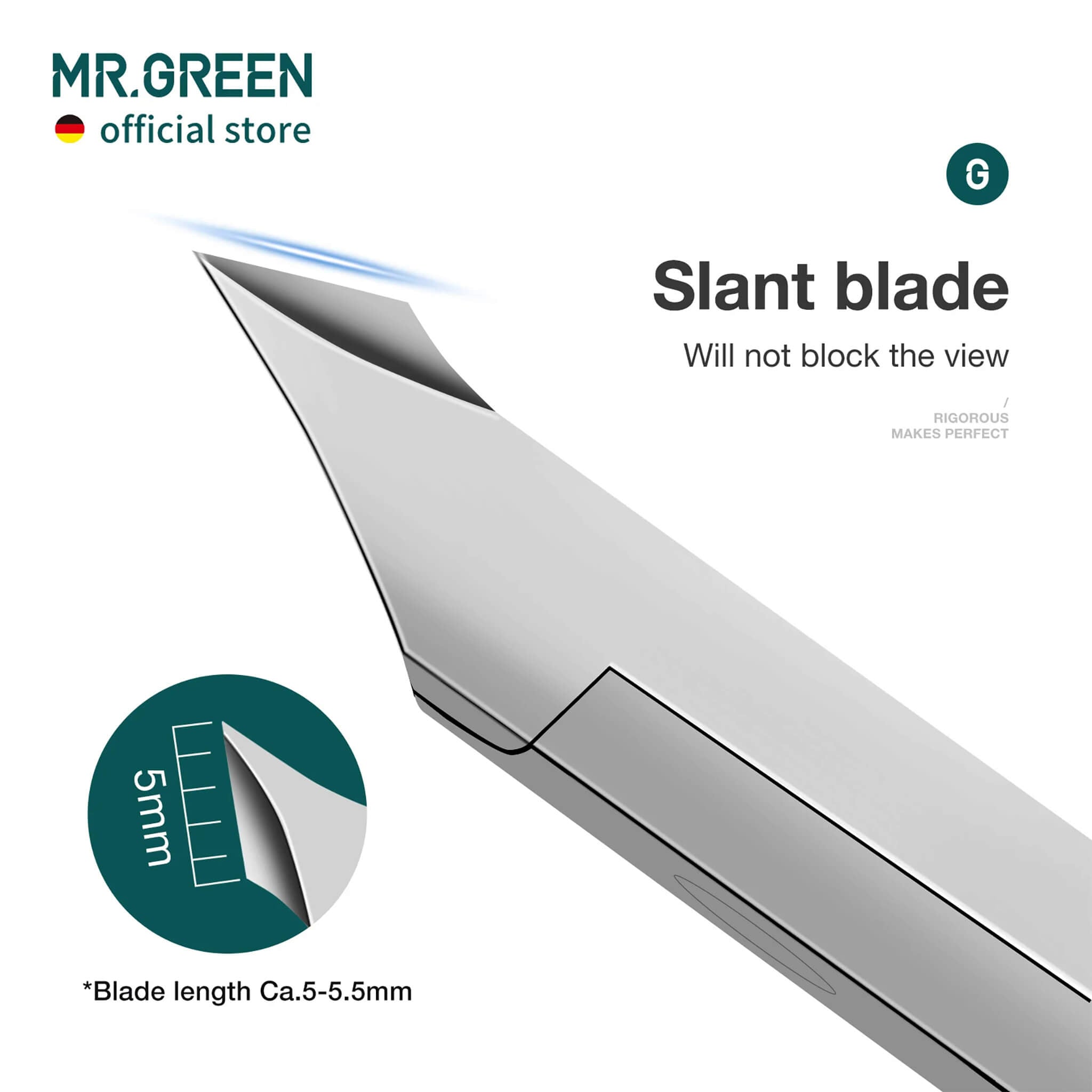 MR.GREEN Nagelhautzange aus Edelstahl mit schräger 5-mm-Klinge; verdeckt die Sicht nicht, präzise und saubere Schnitte.
