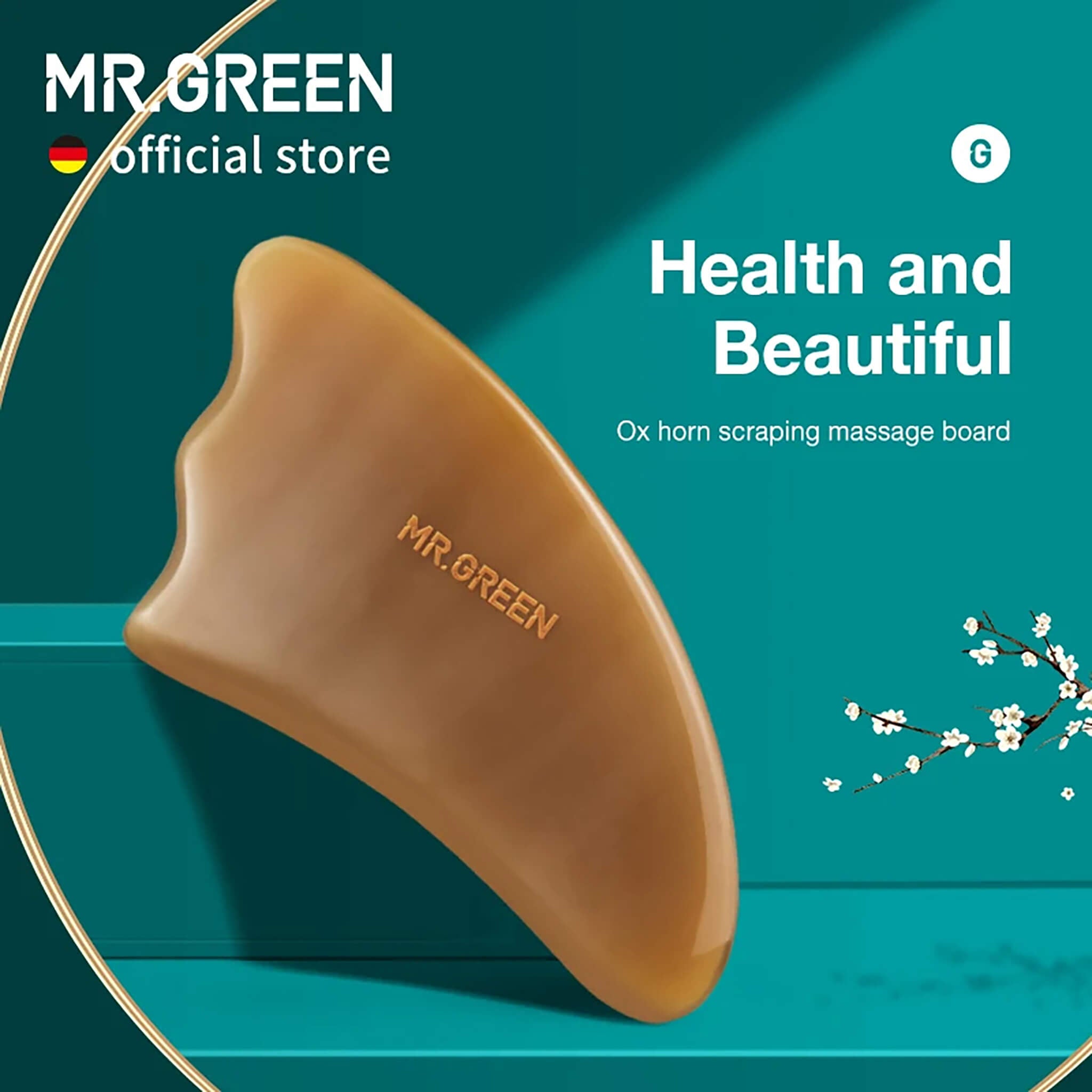 MR.GREEN ox horn gua sha scraping massage board with smooth edges and ergonomic curves for face, neck and body.
