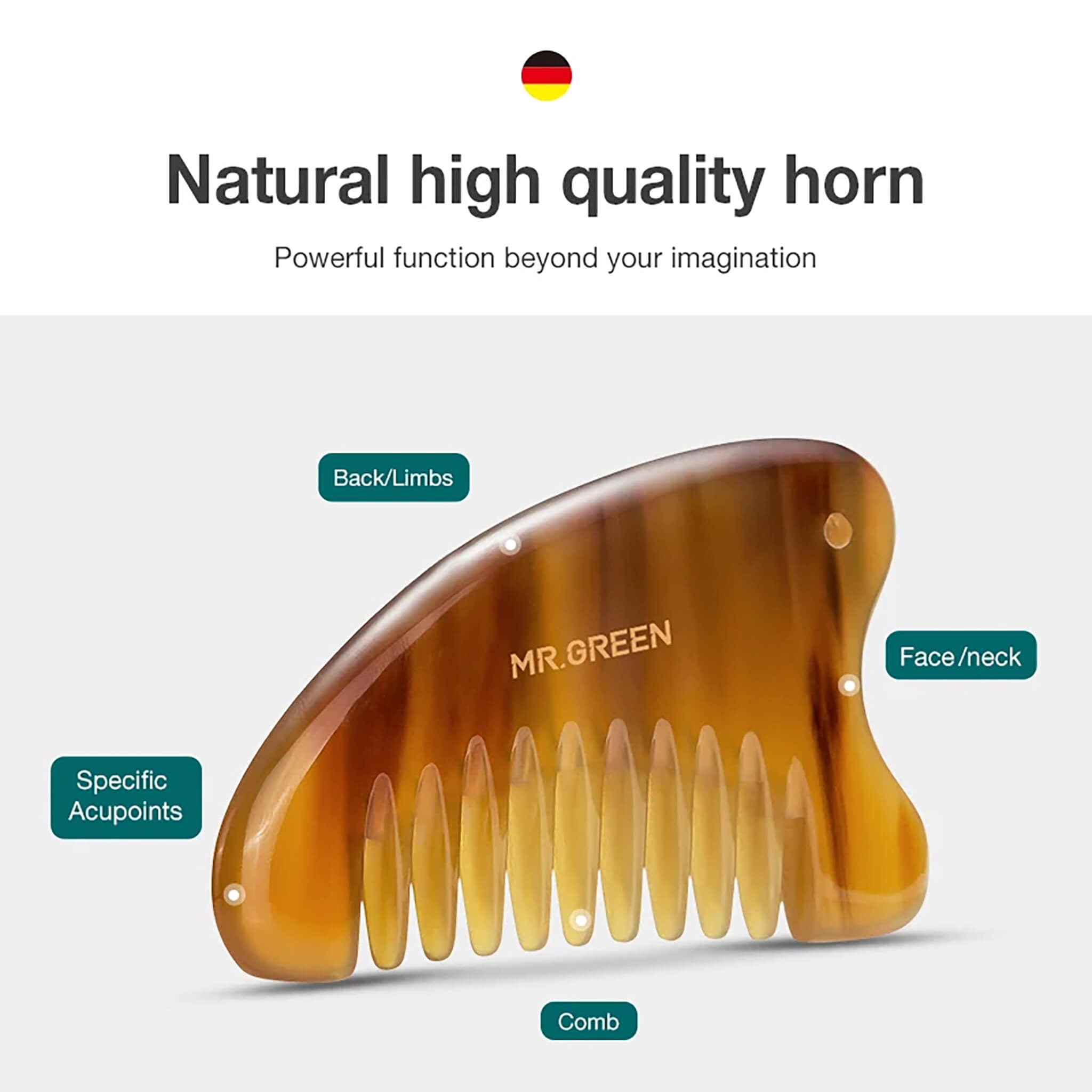 Pente de chifre bovino MR.GREEN – antiestático, dentes arredondados; penteia sem puxar e massageia couro cabeludo e rosto