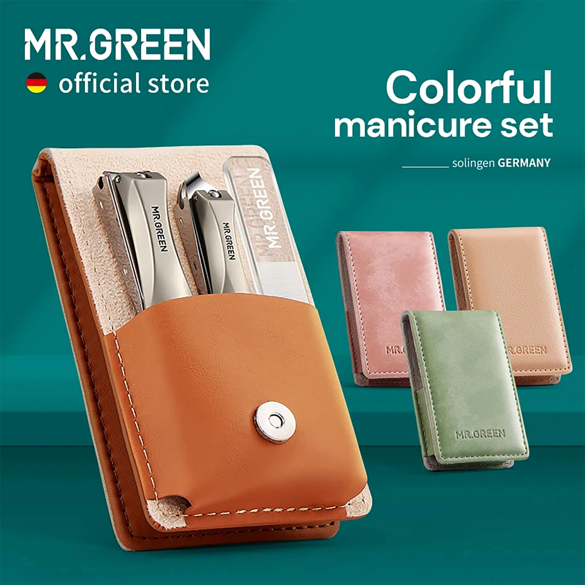 MR.GREEN portable manicure set – colorful leather cases with two stainless nail clippers and glass nail file; compact and gift-ready