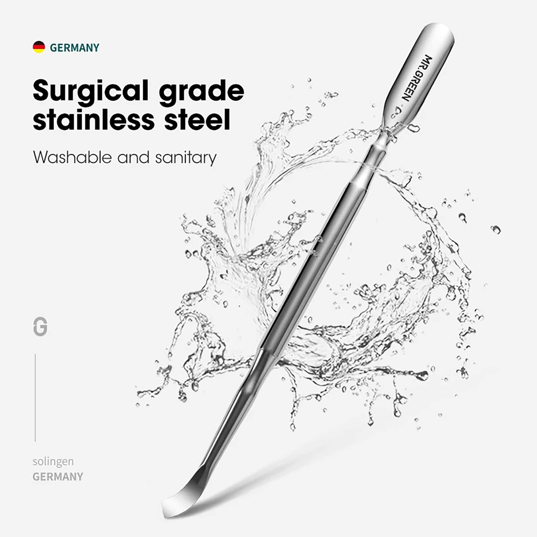 MR.GREEN repousse-cuticules double embout en acier inox de grade chirurgical, lavable et hygiénique; qualité professionnelle, Solingen.