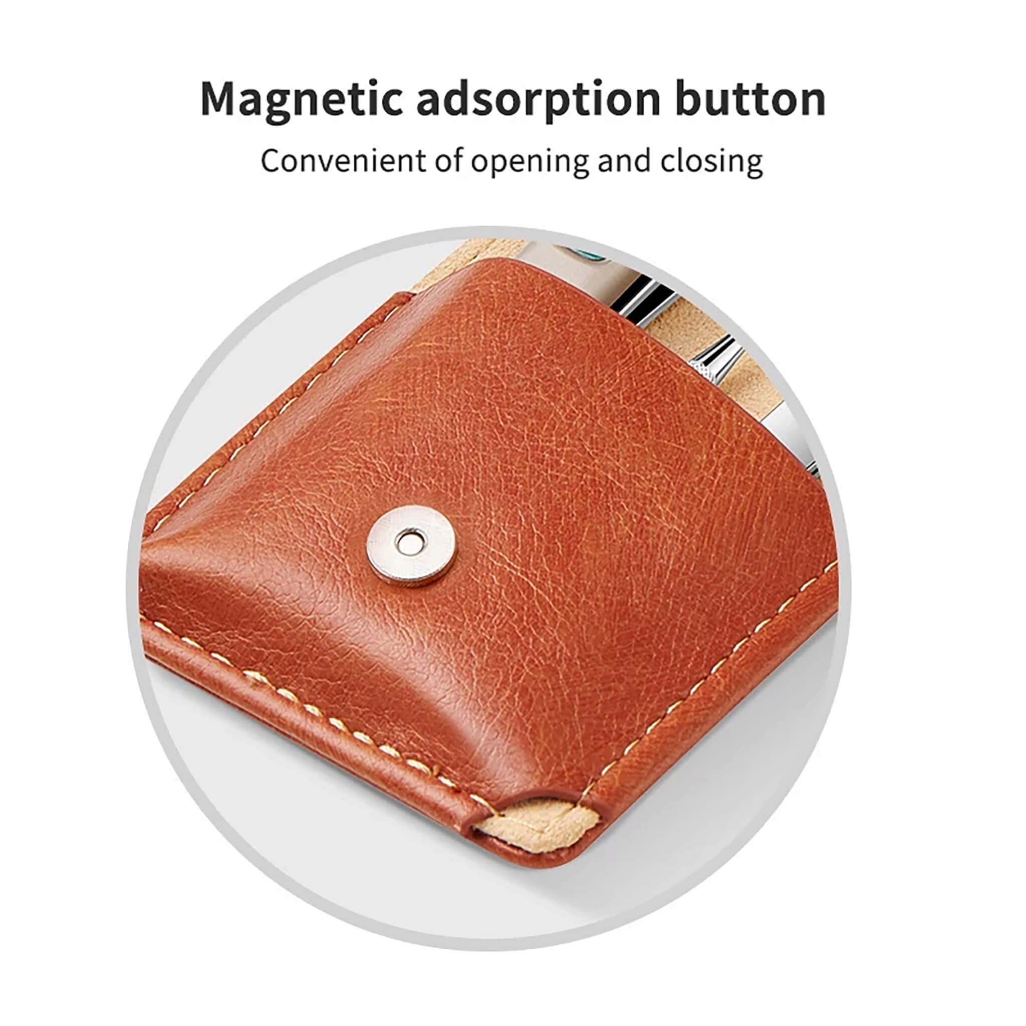 Détail du bouton magnétique de l’étui en cuir MR.GREEN — ouverture/fermeture rapide et pratique, finition premium