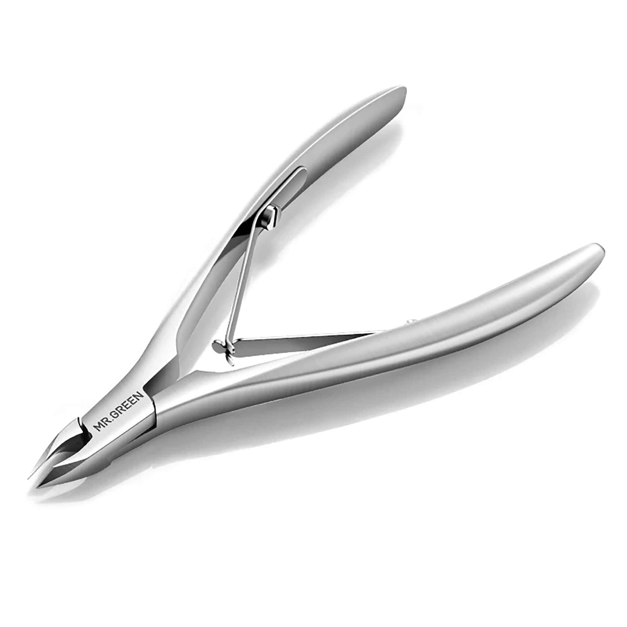MR.GREEN stainless steel cuticle nippers, 5mm slant blade and symmetric spring in polished silver; clean white packshot.