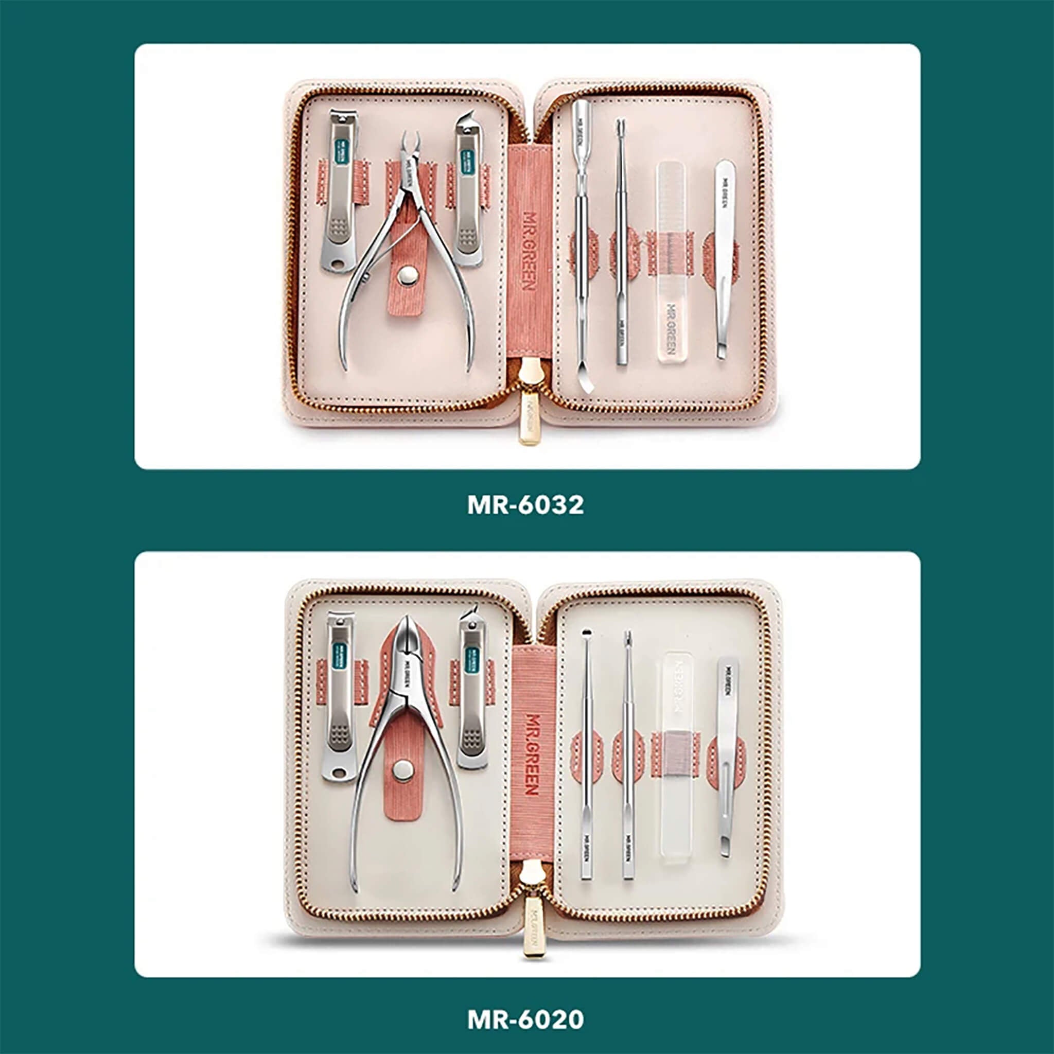 Set de manicura MR.GREEN en estuche rosa; comparación MR-6032 vs MR-6020 con herramientas de acero inoxidable organizadas.