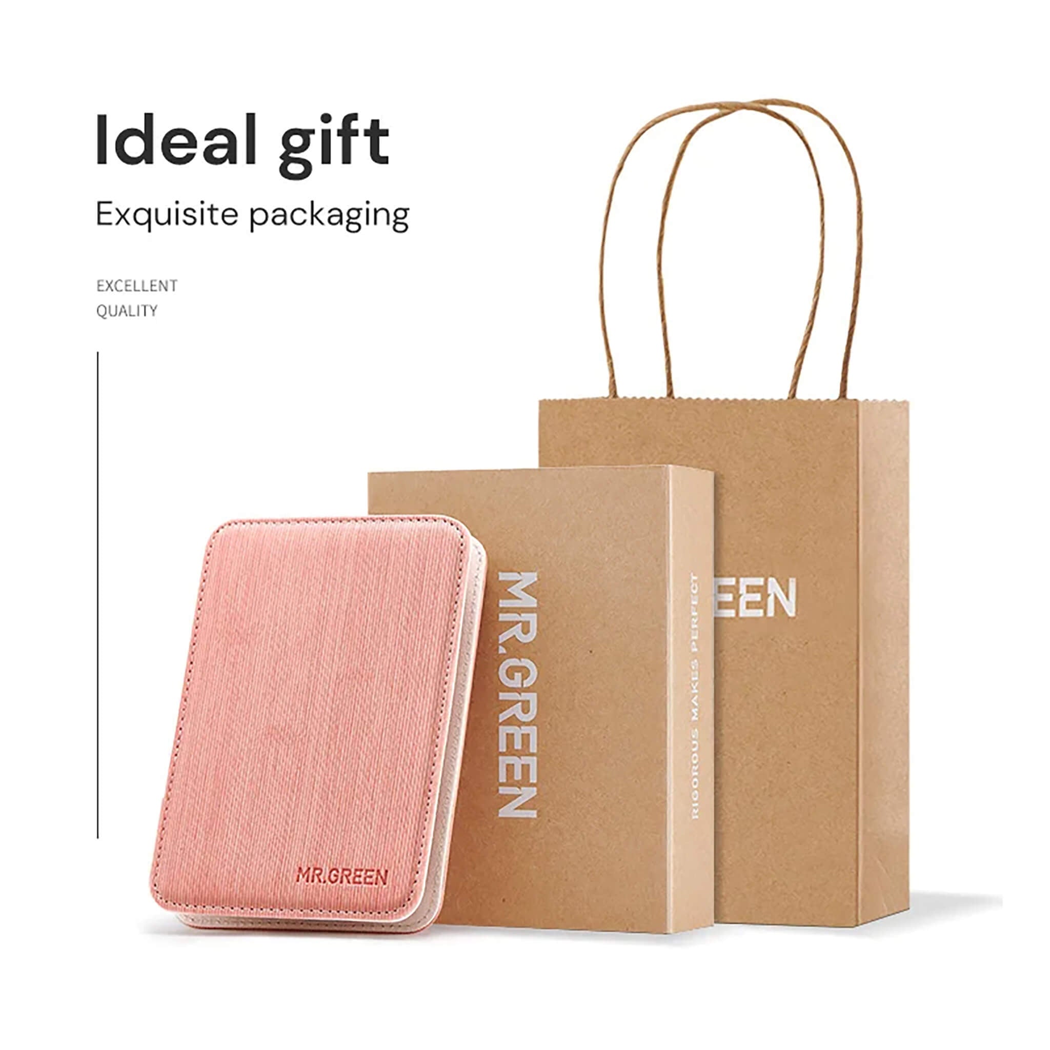 Confezione regalo MR.GREEN: custodia rosa con zip dorata, scatola rigida e shopper in carta kraft, presentazione elegante.
