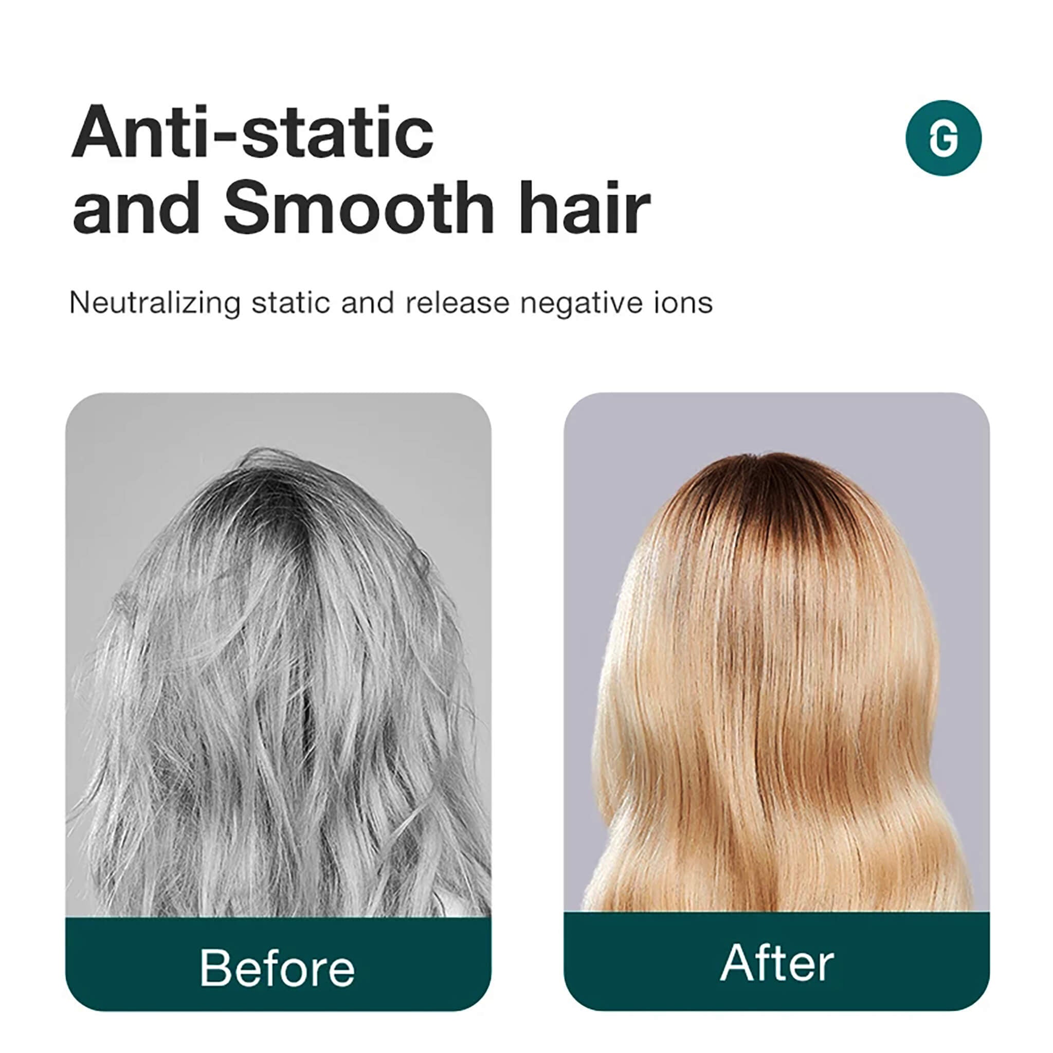 Before and after showing MR.GREEN boar bristle brush reducing static and frizz, leaving hair smooth, shiny, and tangle-free.