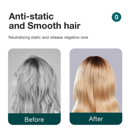 Before and after showing MR.GREEN boar bristle brush reducing static and frizz, leaving hair smooth, shiny, and tangle-free.