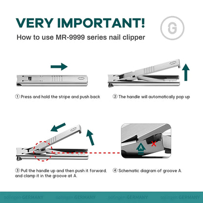 Cortaúñas ultrafino MR.GREEN MR-9999: guía de uso paso a paso para abrir y bloquear el mango con corte seguro