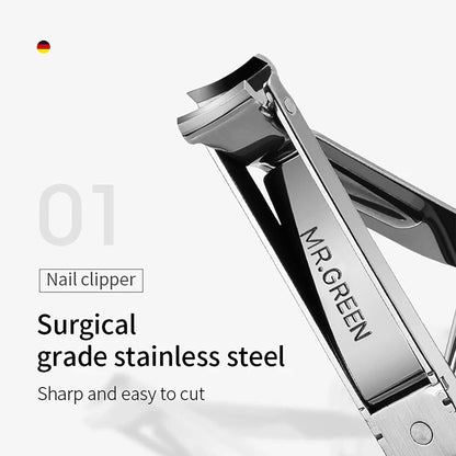 Close-up of MR.GREEN surgical-grade stainless nail clipper head; curved sharp blade for clean, easy, rust-resistant cuts.