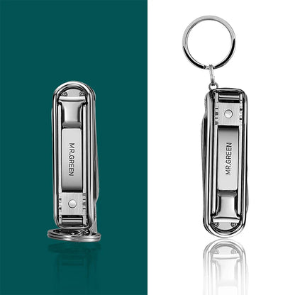 Folded MR.GREEN 6-in-1 stainless nail clipper shown without and with key ring on split teal and white background.