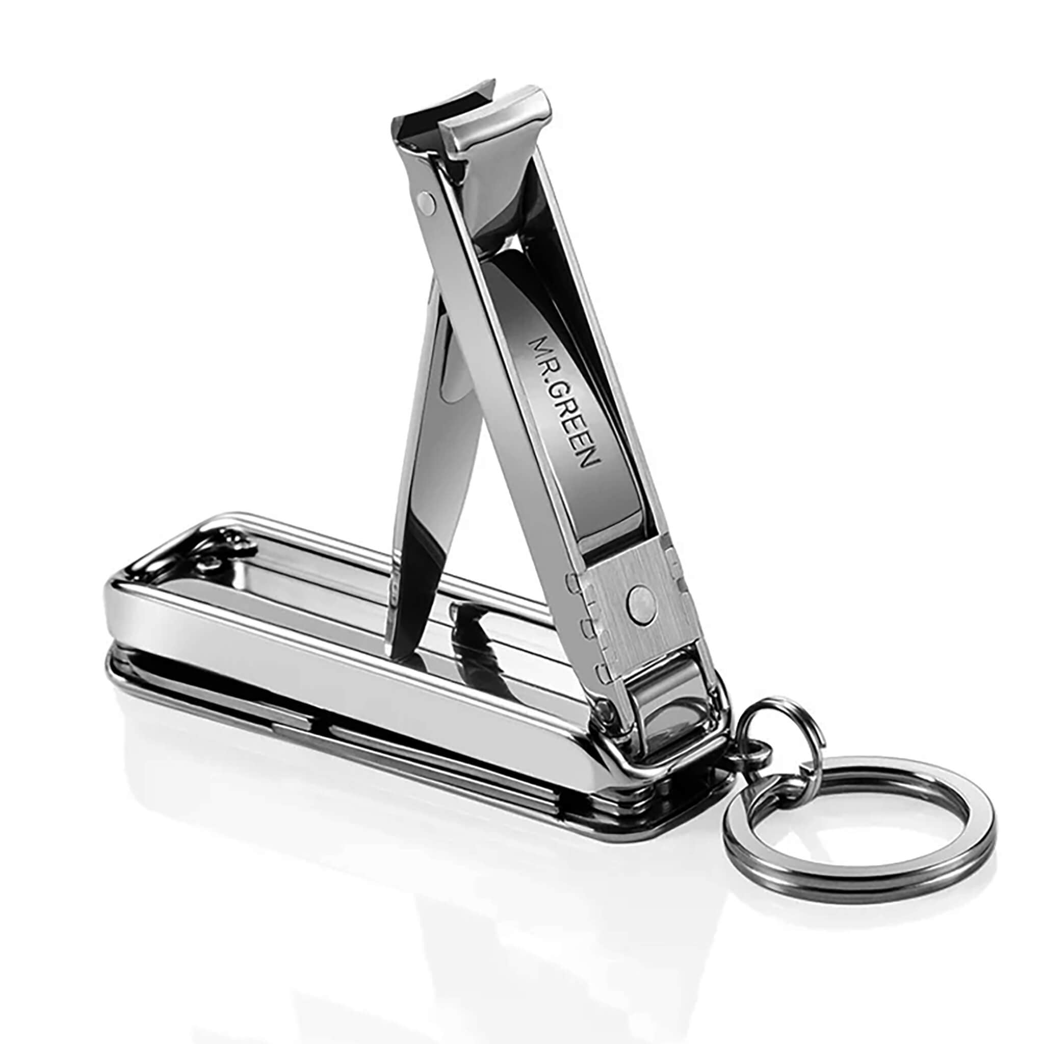 MR.GREEN MR-1098 SL small 6-in-1 keychain nail clipper with clipper, scissors, file, knife and bottle opener—white background.