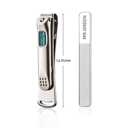 MR.GREEN 91 mm curved blade stainless steel clippers with glass nail file—ultra-sharp, durable grooming set for travel.