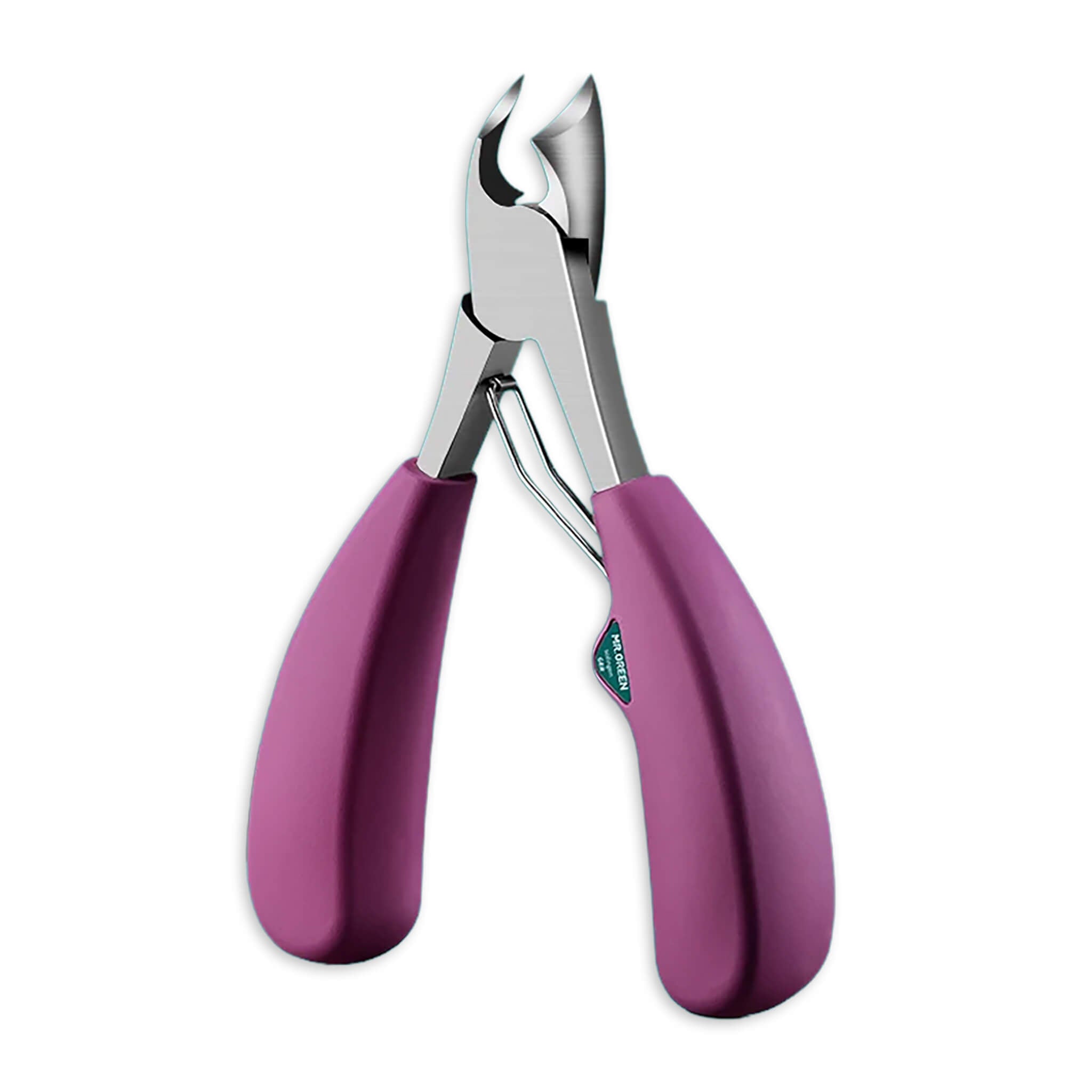 MR.GREEN ingrown toenail nipper with curved stainless jaws and spring-loaded, non-slip purple handles, isolated on white.