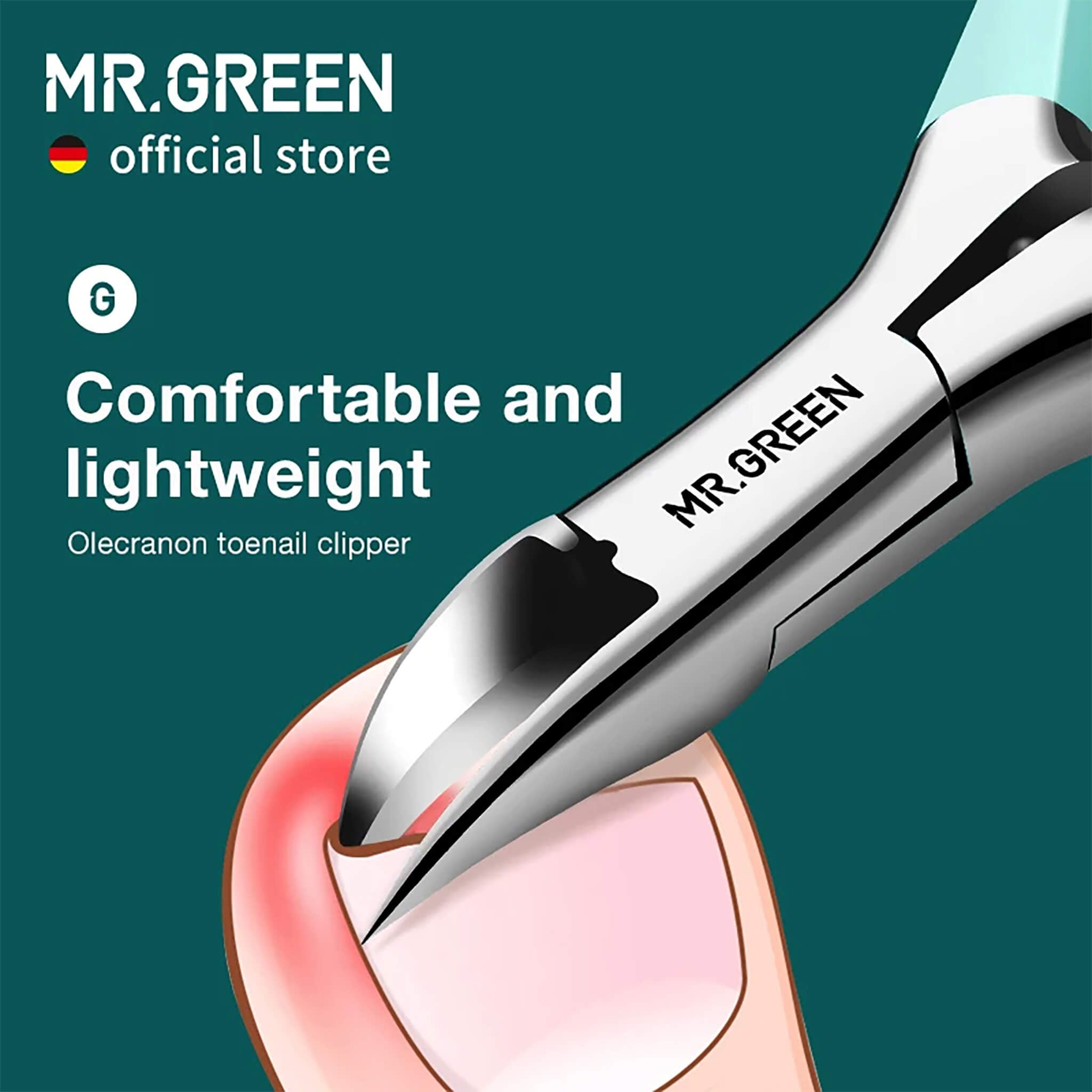 MR.GREEN long handle ingrown toenail clipper with stainless precision jaws and non slip orange grips isolated on white