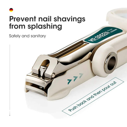 MR.GREEN Nagelknipser mit Spritzschutzgehäuse; hält Nagelspäne zurück für hygienisches, sicheres Trimmen – Detailaufnahme