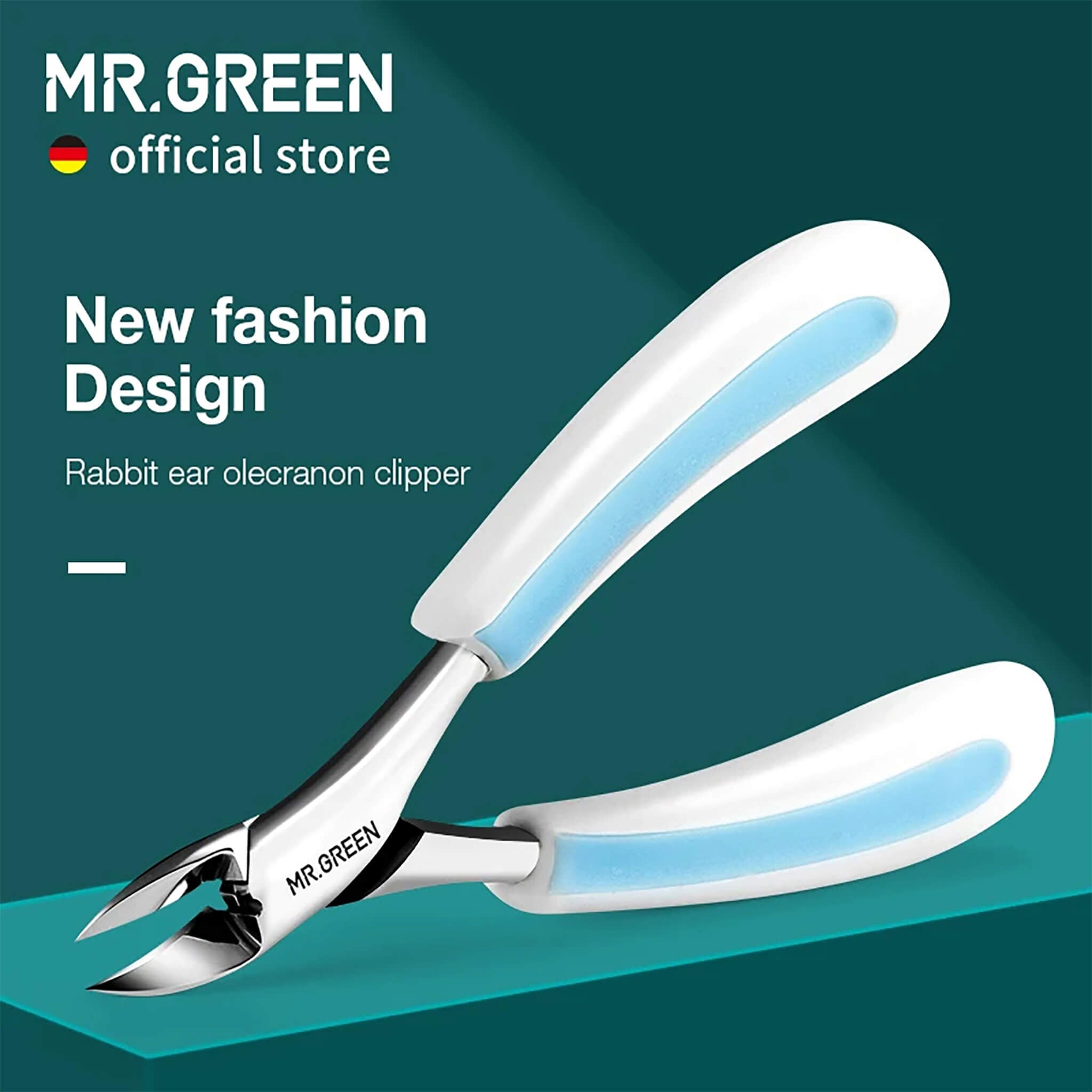 MR.GREEN rabbit ears toenail clipper with olecranon curved stainless jaws and non-slip white/blue handles on teal hero background.