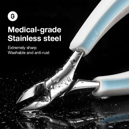 Medical-grade stainless steel MR.GREEN rabbit ears nipper—extremely sharp, washable and rust-resistant; white/blue handles with water drops.