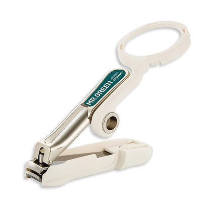 MR.GREEN 2x拡大鏡アーム付き爪切り。ステンレス刃と飛び散り防止ボディの白背景製品写真—精密で衛生的なカットに最適。