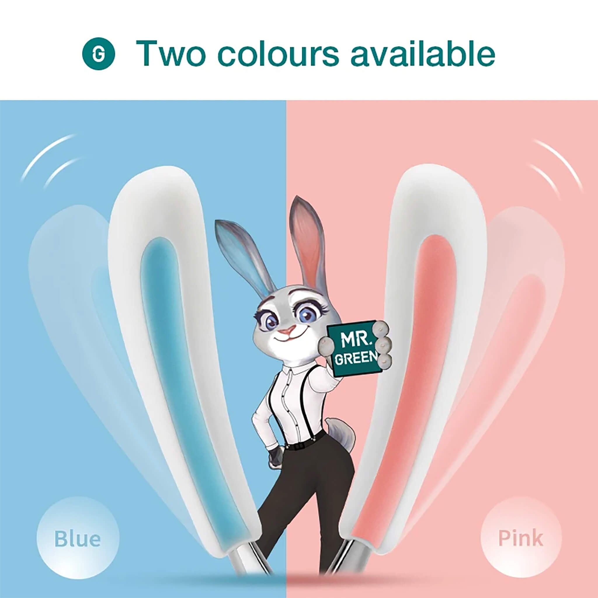 MR.GREEN rabbit ears toenail clipper color options—white/blue and white/pink ergonomic non-slip handles; promotional color choice graphic.