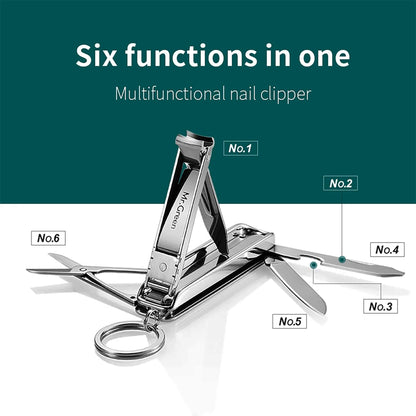 MR.GREEN 6-in-1 multifunction nail clipper with six integrated tools shown and numbered callouts on green background.