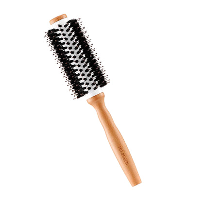 Alternate angle of MR.GREEN ceramic round brush with boar and nylon bristles, lightweight beech handle and slip-free grip