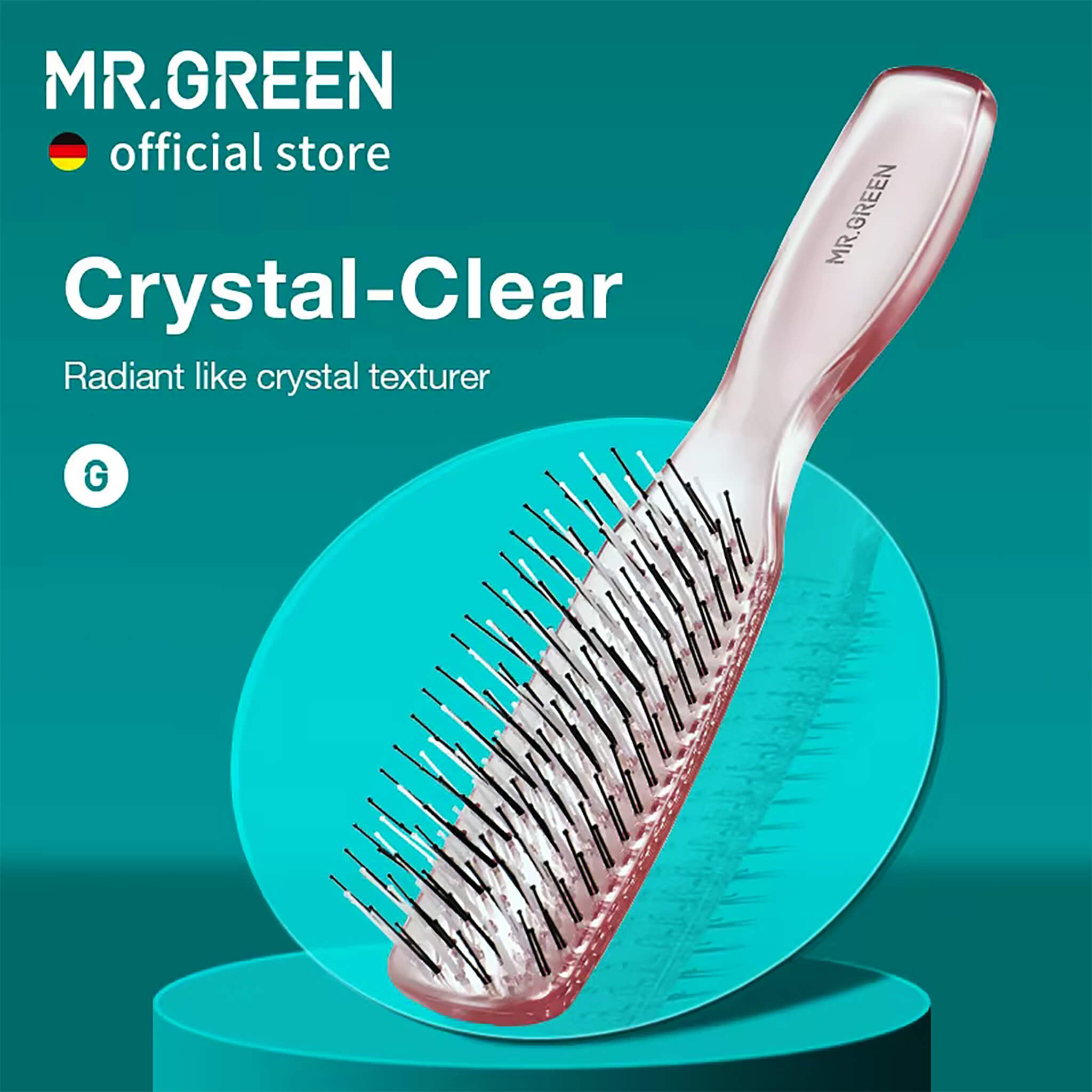 Crystal-clear MR.GREEN detangling brush with transparent handle and flexible dome pins for smooth, frizz-free styling.