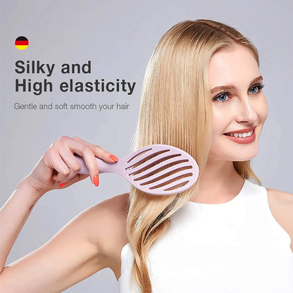 Woman using MR.GREEN hollow-out detangling brush—gentle scalp massage, smooths straight hair with high-elastic bristles.
