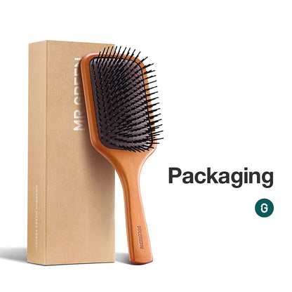 MR.GREEN maple wood paddle hair brush with branded recyclable kraft box—gift-ready premium hair-care packaging.