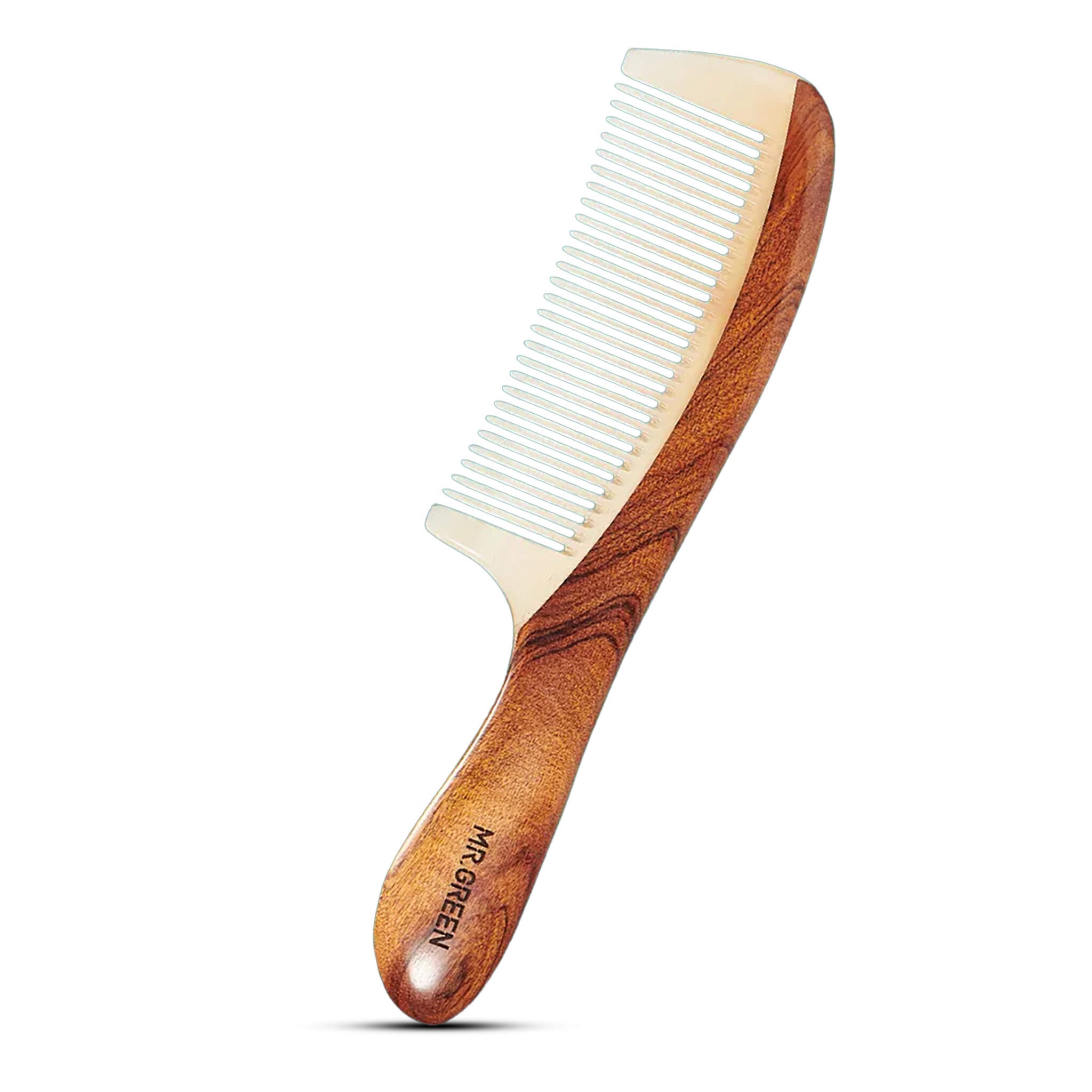 Handmade MR.GREEN Cuibourtia wood hair comb with cattle horn teeth, anti-static, eco-friendly, and luxury personal care tool.