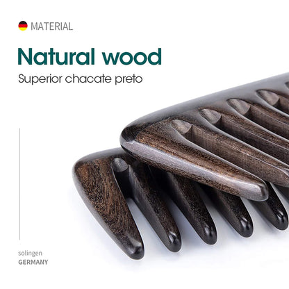MR.GREEN close-up of natural wood comb crafted with smooth finish, handmade eco comb reduces static and provides gentle scalp care.