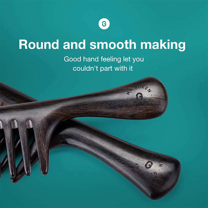Close-up of MR.GREEN wooden comb with rounded tips for scalp massage, anti-static wide teeth prevent hair damage and improve circulation.