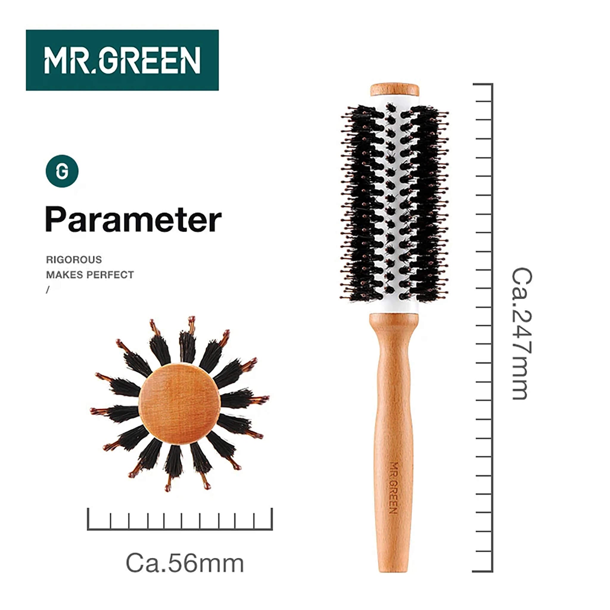 Dimensions image for MR.GREEN round brush: about 56 mm barrel, 247 mm length; ideal size for medium to long hair styling