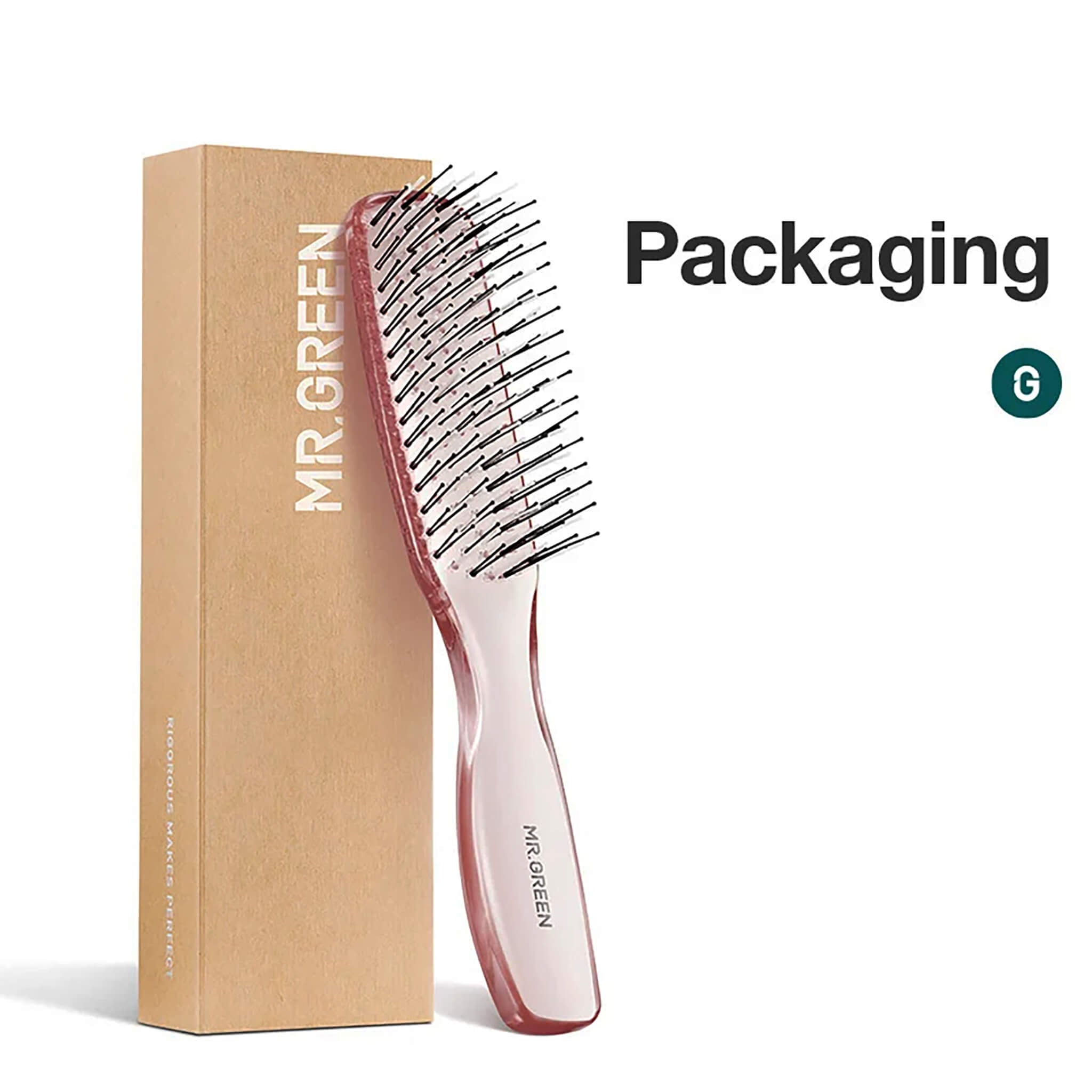 MR.GREEN crystal-clear detangling brush with recyclable kraft retail box—gift-ready packaging.