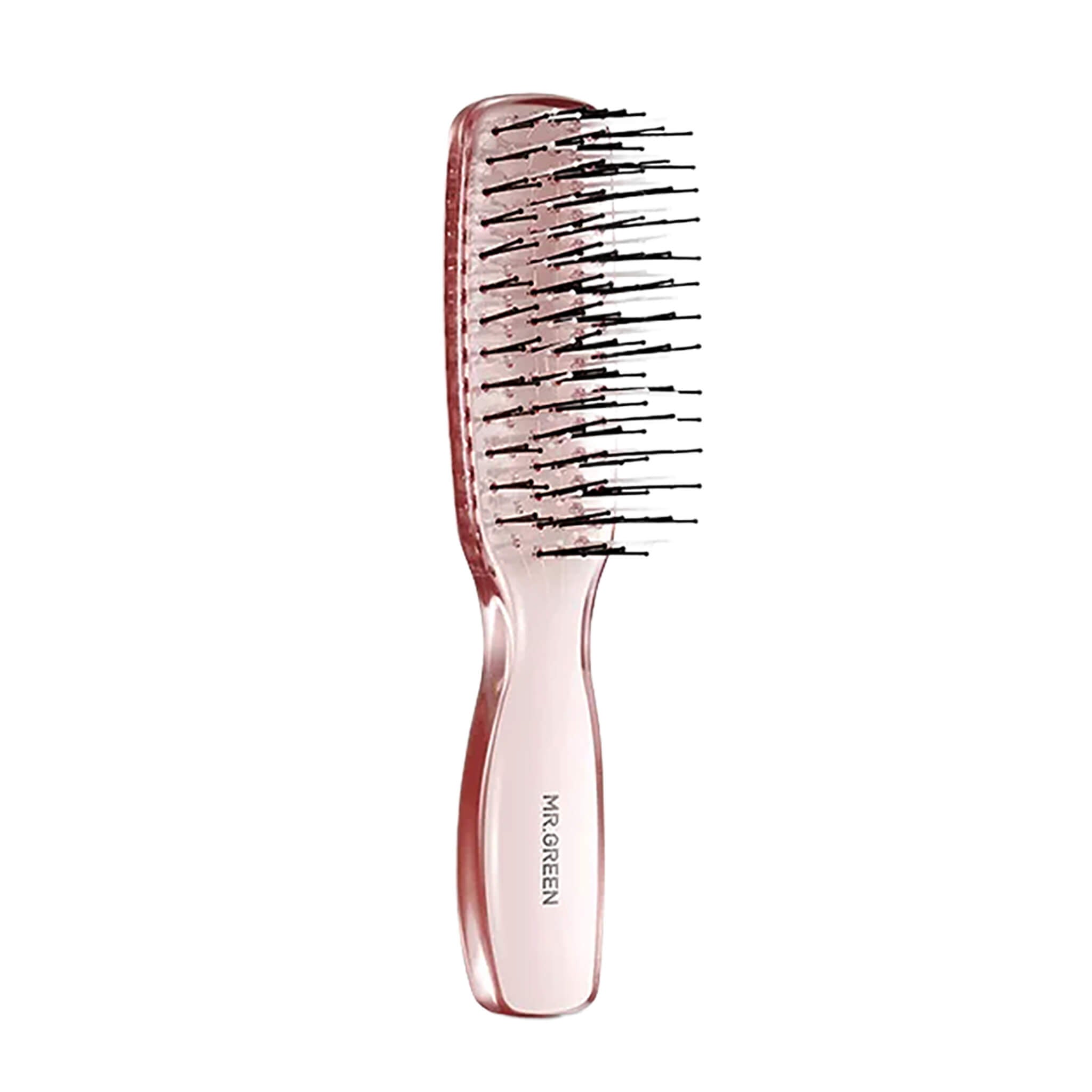 MR.GREEN MR-7506 small crystal-clear pink scalp massage detangling brush—lightweight travel size.