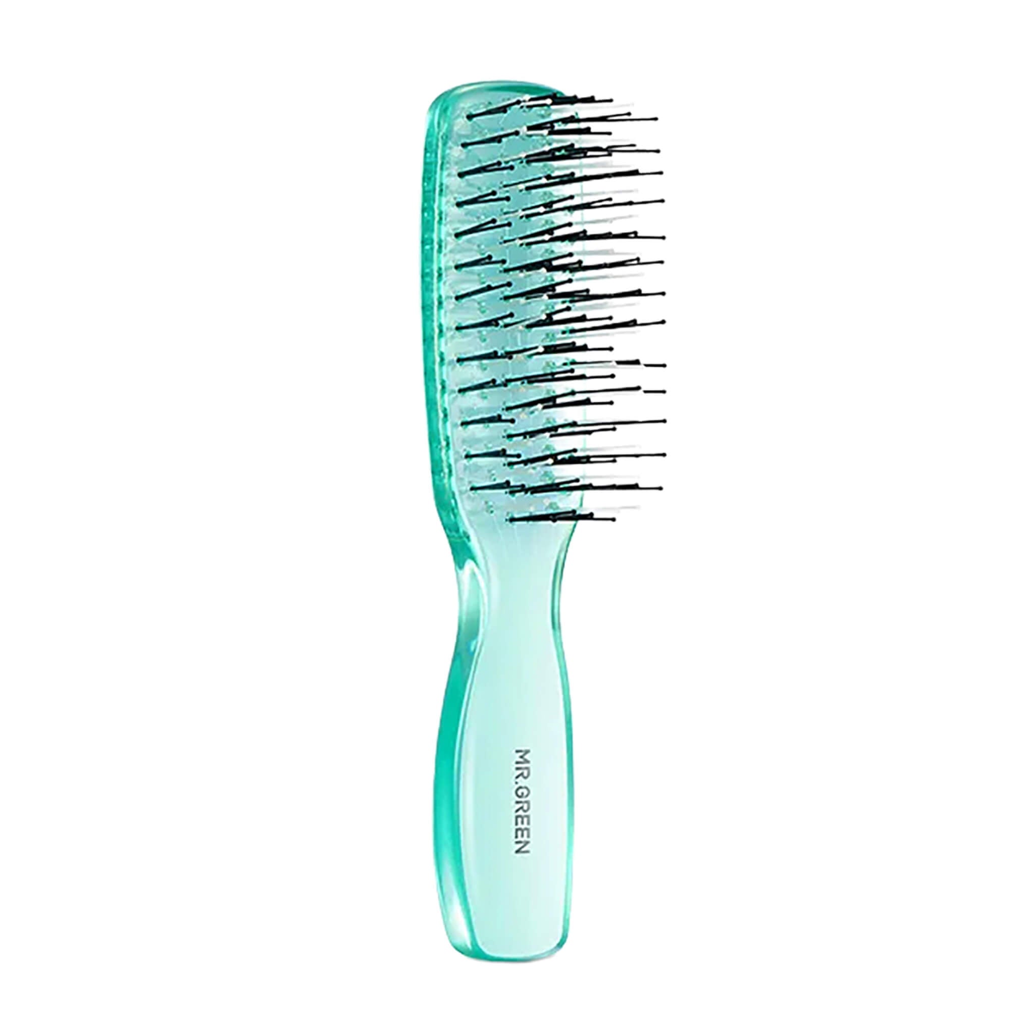 MR.GREEN MR-7508 small aqua-green detangling brush, flexible rounded pins for gentle, snag-free combing.