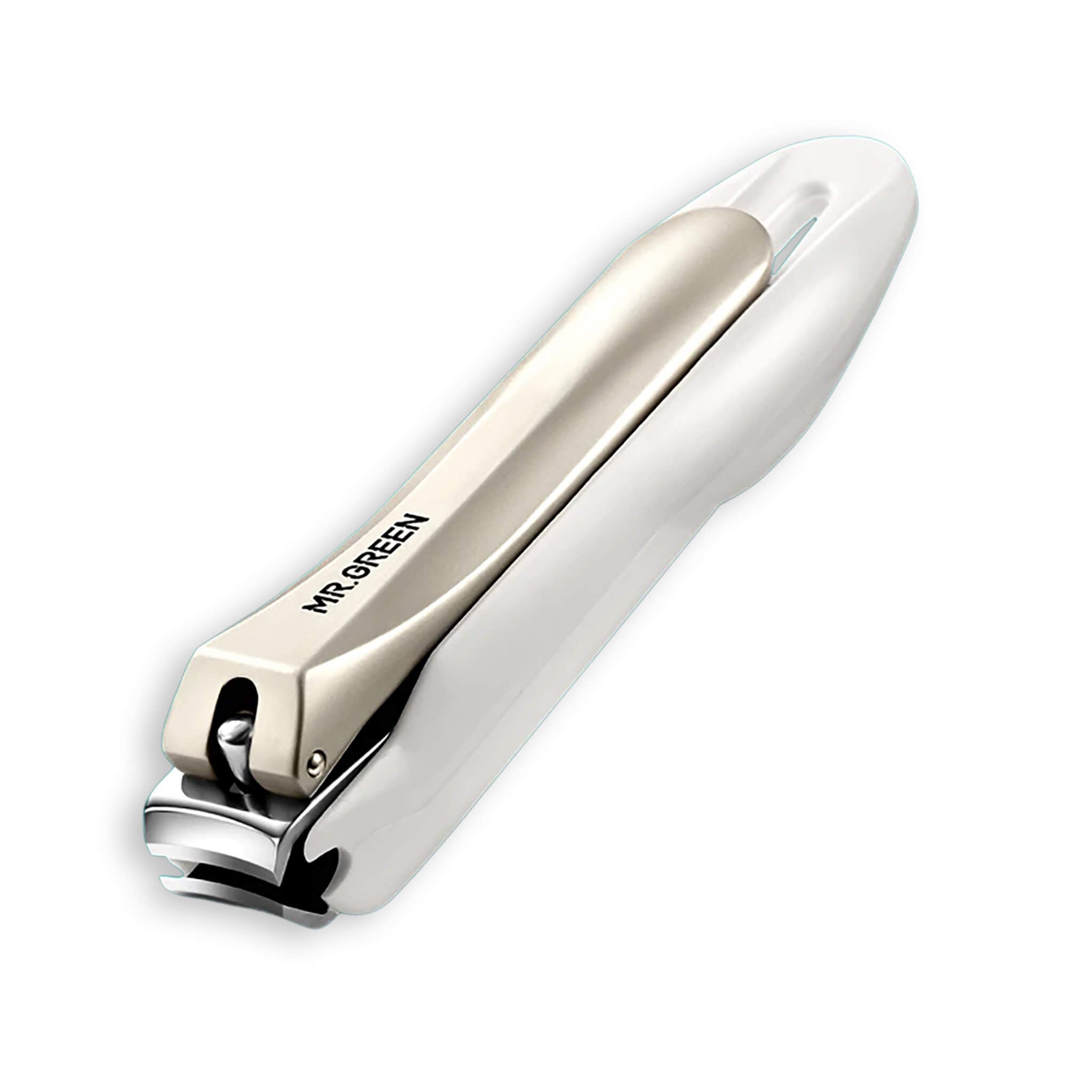 MR.GREEN anti-splash nail clippers close-up white ergonomic body stainless head precise curved cut professional grooming