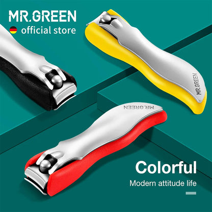 MR.GREEN anti-splash colorful nail clippers, stainless steel with silicone grip, ergonomic modern design for clean trimming.