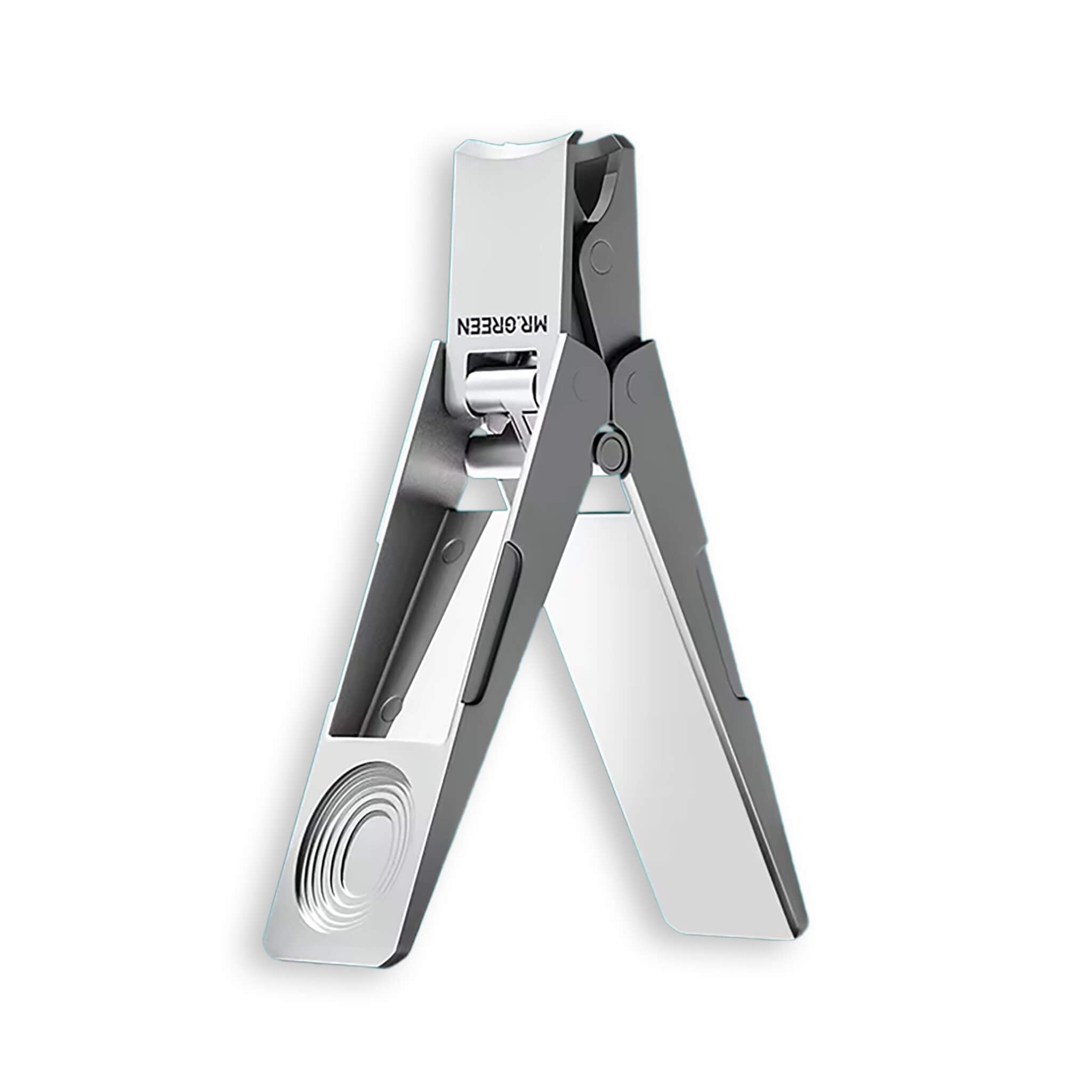 MR.GREEN folding nail clipper on white — compact stainless-steel, portable pocket manicure tool