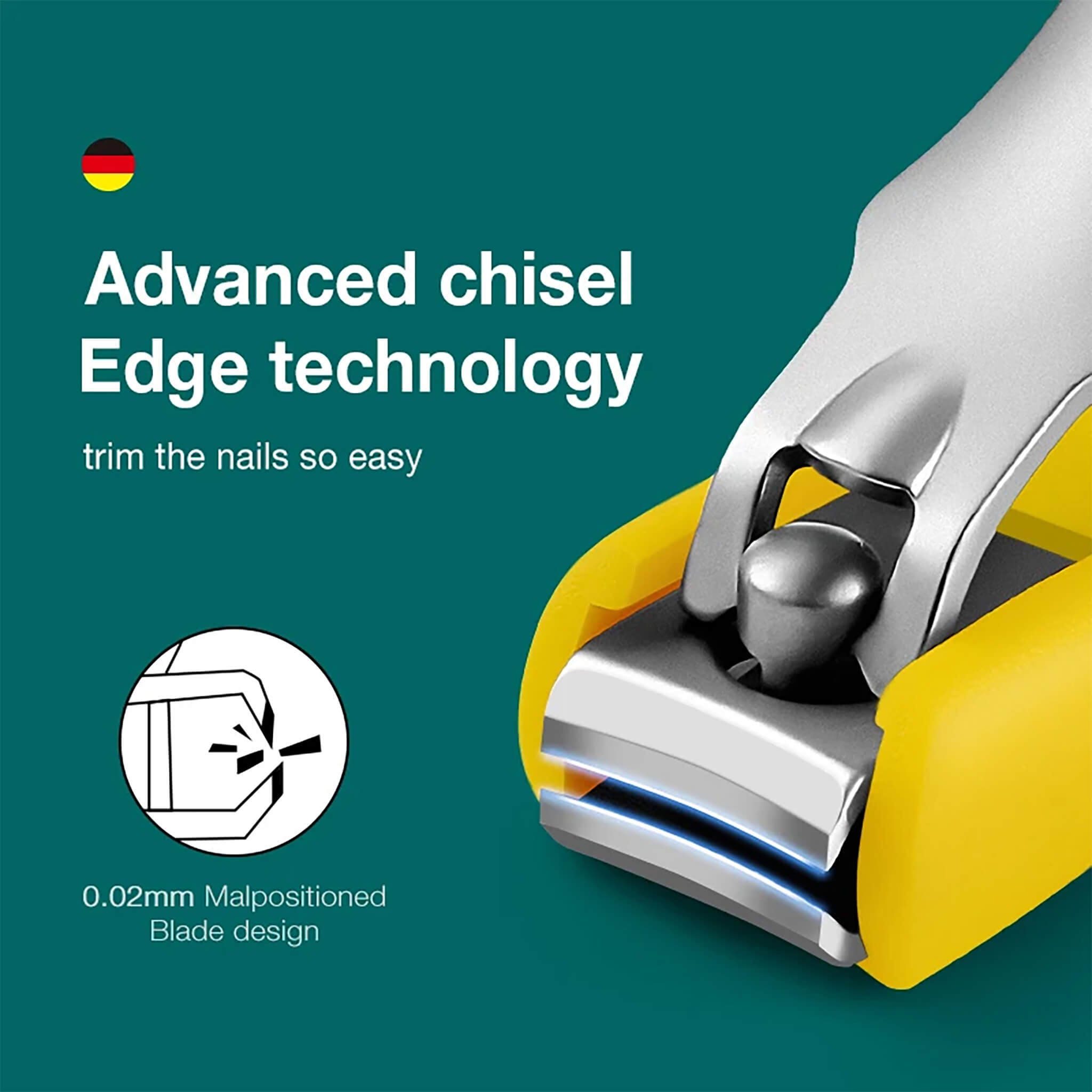 Cortauñas MR.GREEN antisalpicaduras con filo preciso y mango de silicona amarillo; diseño ergonómico y seguro.