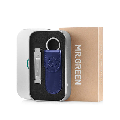MR.GREEN Mr-3001BU – folding keychain nail clipper with blue leather sheath in gift tin, ideal for travel grooming