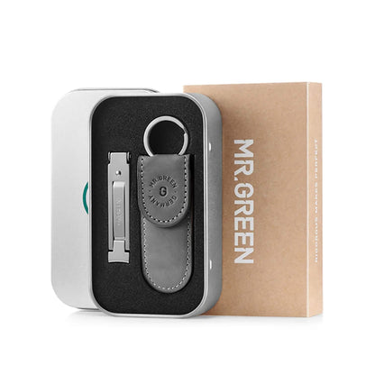 MR.GREEN Mr-3001GE: cortauñas plegable con llavero y funda de cuero gris en caja regalo, uso portátil