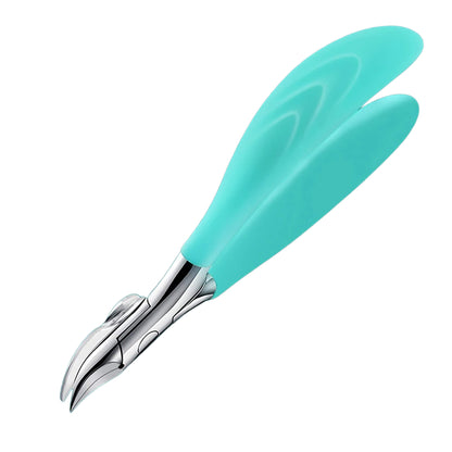 MR.GREEN professional toenail nippers with curved olecranon blades, powder-metallurgy steel and soft-touch teal anti-slip grips.