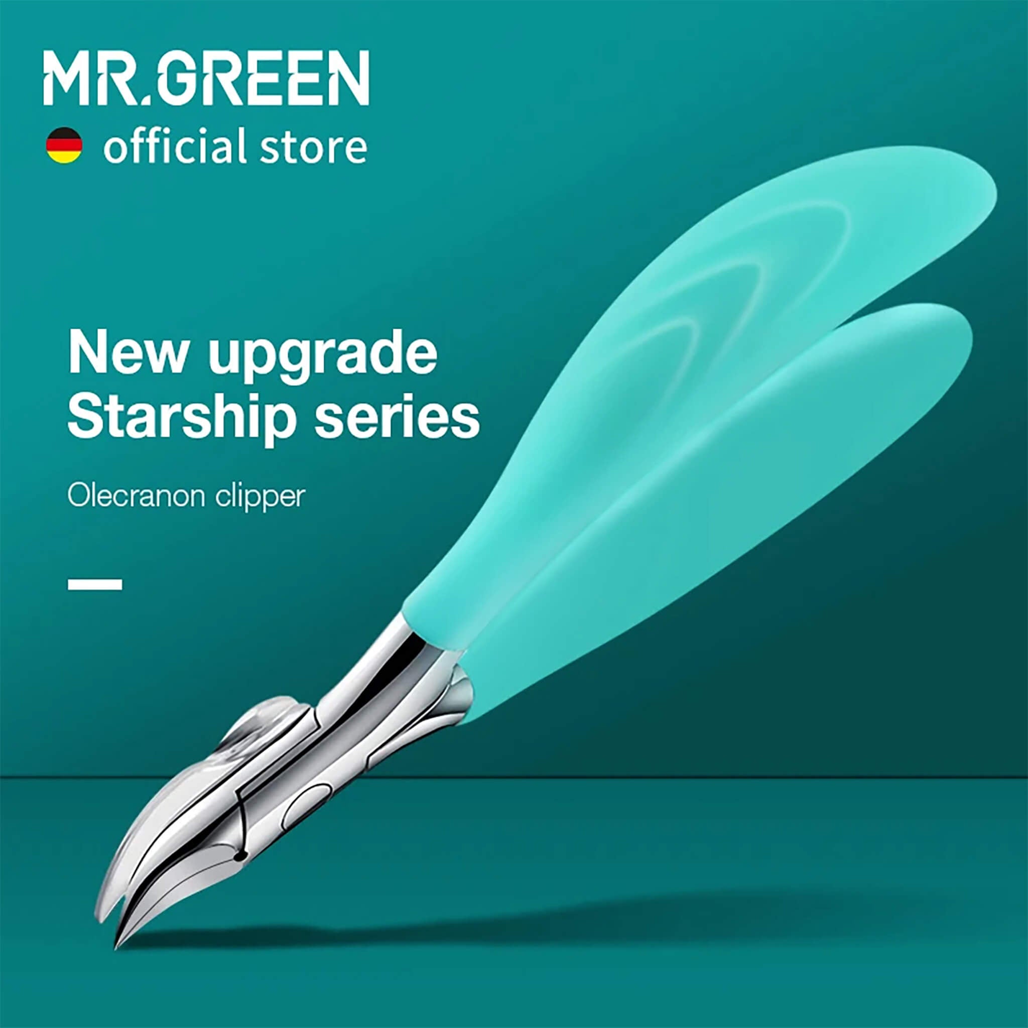 MR.GREEN Ingrown Toenail Clippers Starship Series – olecranon jaws, podiatry-grade stainless steel, non-slip teal ergonomic handles.