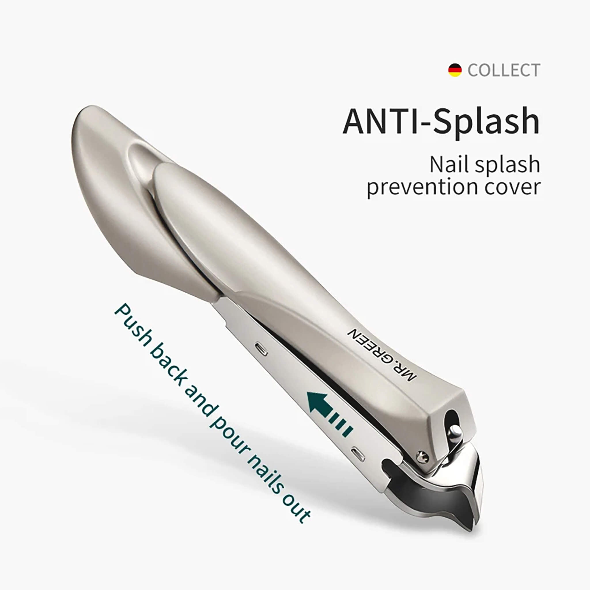 Corta-unhas MR.GREEN anti-splash com capa de retenção design inclinado; empurre para liberar os recortes com precisão